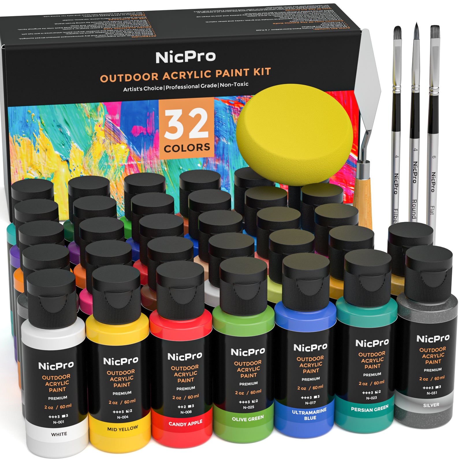 Nicpro 32 Colors Outdoor Acrylic Paint Bulk with Brush and Sponge, Knife, Non-Toxic Paint for Multi-surface Rock, Wood, Fabric, Leather, Crafts, Canvas, Shoes and Wall Painting