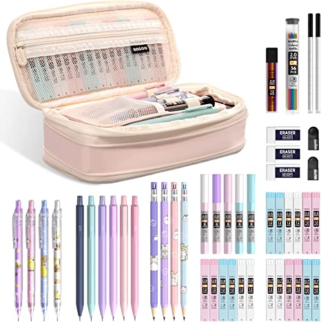 Nicpro 47PCS Pastel Mechanical Pencil Set With Big Capacity Pencil Case, Cute Mechanical Pencils 0.5, 0.7, 0.9 & 2mm Lead Holder with 4B 2B HB 2H Color Lead Refills Eraser for Student Writing Drawing