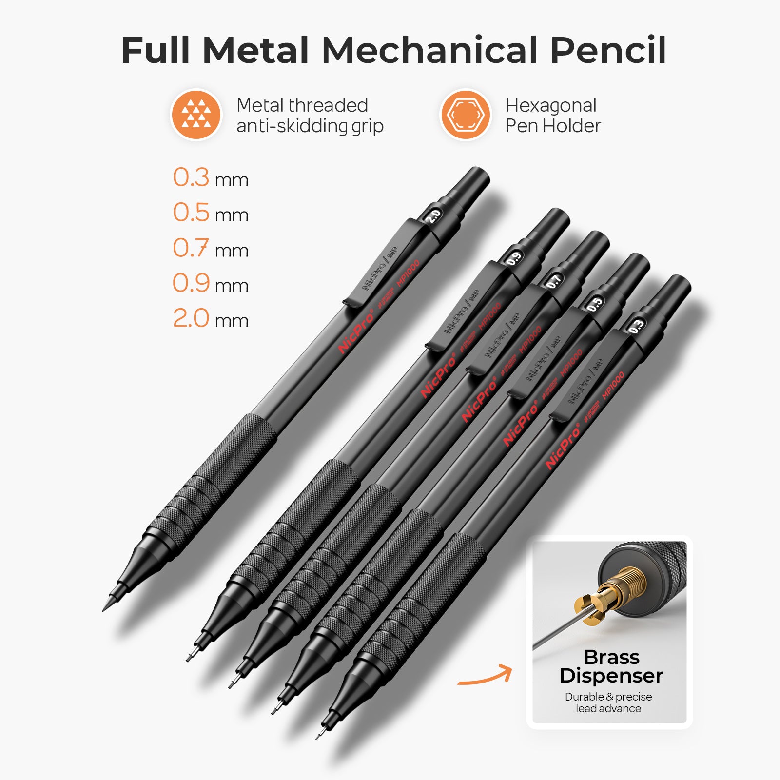 Nicpro 5 Pcs Black Metal Mechanical Pencil Set in Leather Case, 0.3, 0