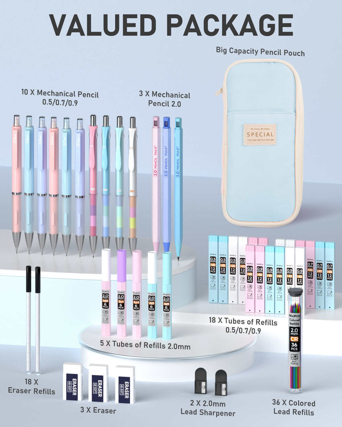 Nicpro 45PCS Pastel Mechanical Pencil Set With Big Capacity Pencil Cas