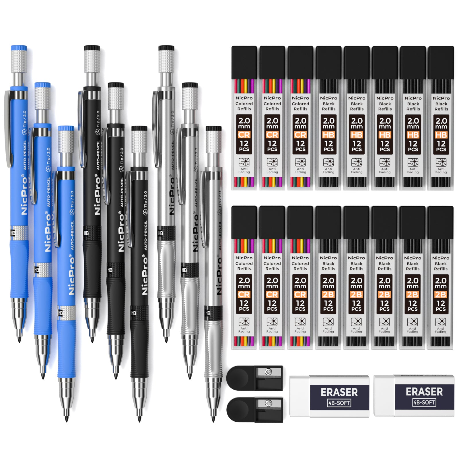 Nicpro 2.0 mm Mechanical Pencil Set, 9 Artist Carpenters Drafting Clutch Pencil for Drawing Writing Crafting Art Sketching with Colors HB & 2B Refill, Eraser, Sharpener, Propelling Lead Holder