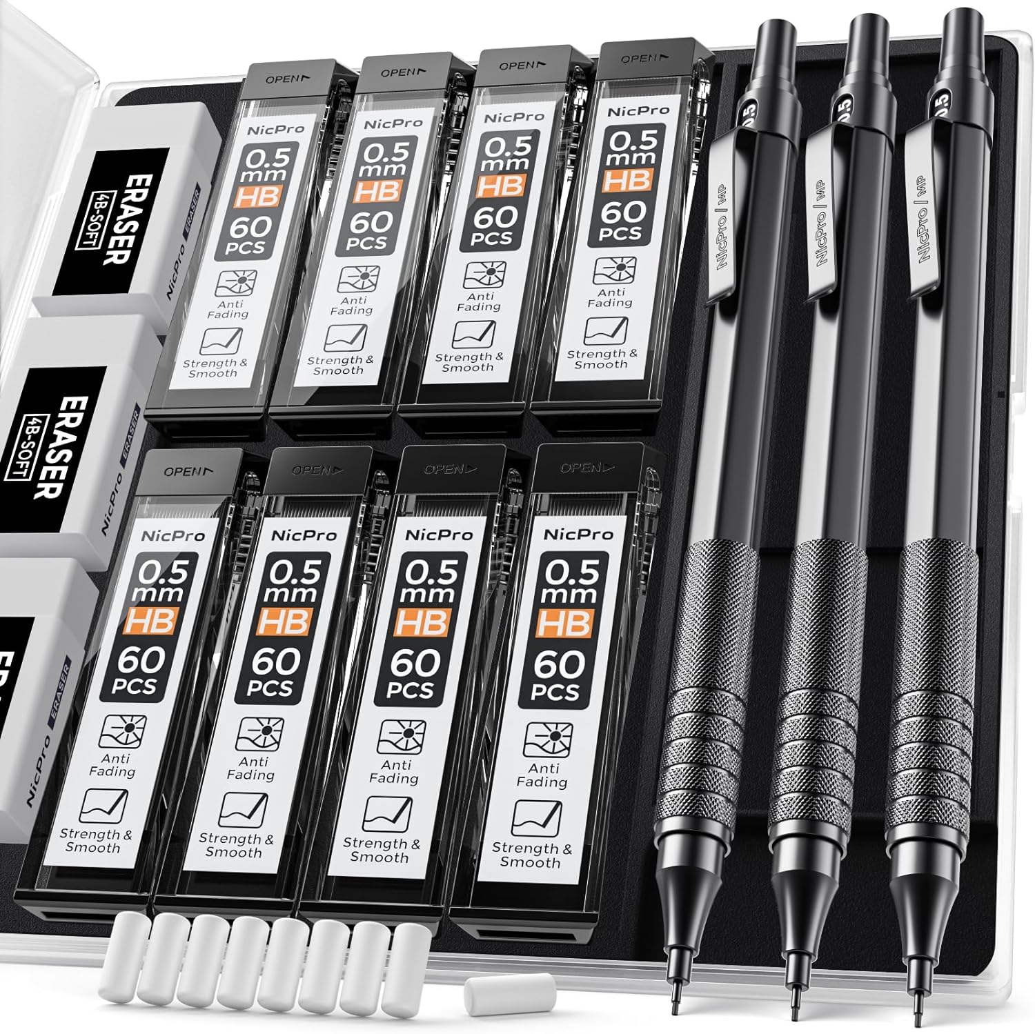 Nicpro 0.5 mm Mechanical Pencils Set with Case, 3 Metal Artist Pencil With 480PCS HB Lead Refills, 3 Erasers,9 Eraser Refills For Architect Art Writing Drafting, Drawing, Engineering, Sketching, Black