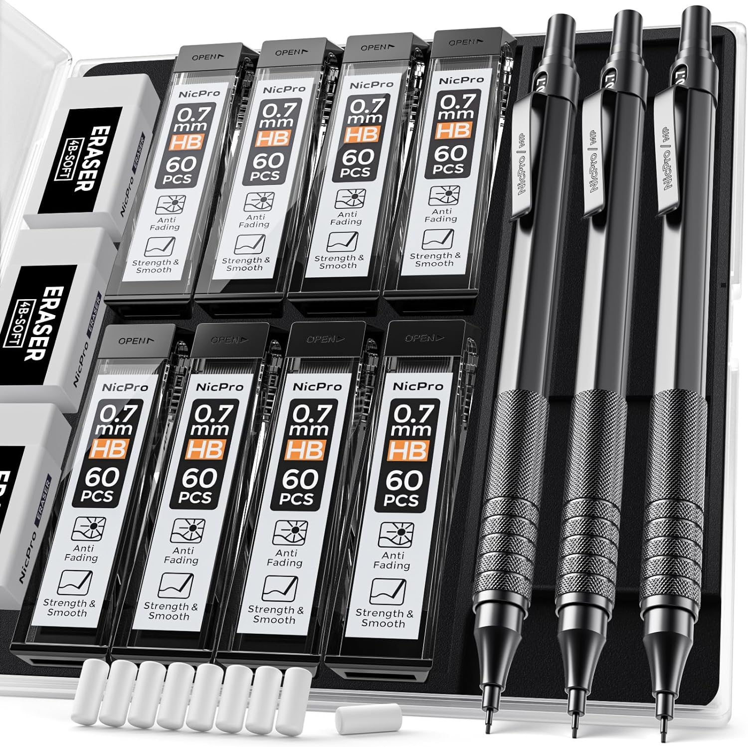 Nicpro 0.7 mm Mechanical Pencils Set with Case, 3 Metal Artist Pencil With 8 Tube HB Lead Refills, 3 Erasers, 9 Eraser Refills For Architect Art Writing Drafting Drawing, Engineering, Sketching, Black