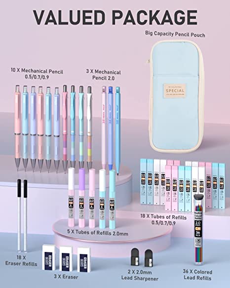 Nicpro 45PCS Pastel Mechanical Pencil Set With Big Capacity Pencil Case, Cute Mechanical Pencils 0.5, 0.7, 0.9, 2mm with 24 Tube Lead Refills(4B 2B HB 2H 4H COLORS) Erasers For Student Writing Drawing