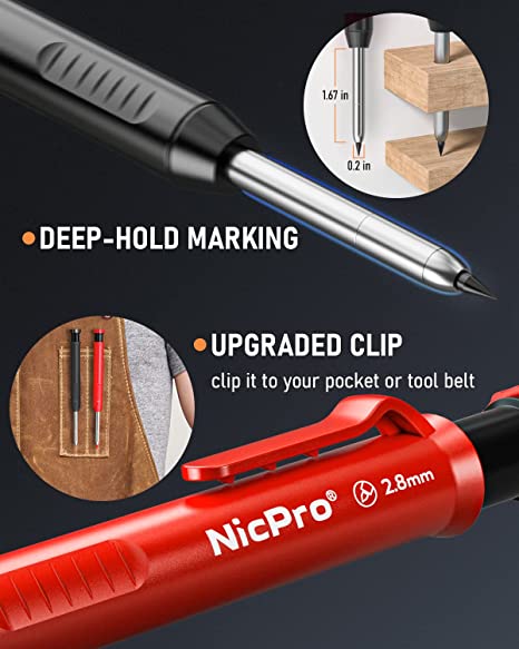Nicpro 5PCS Mechanical Carpenter Pencils with Sharpener, 36 Pcs 2.8mm Refills Replacement, Deep Hole Woodworking Marker Construction Pencils Heavy Duty Woodworking Pencils for Architect