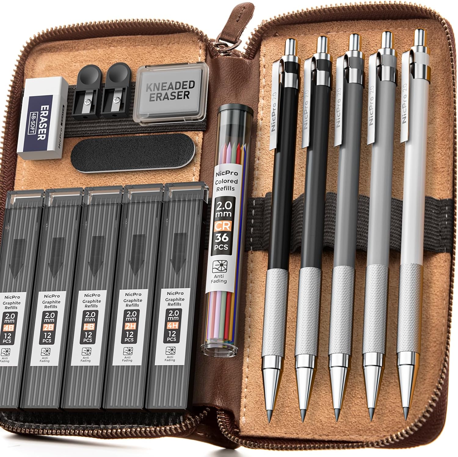 Nicpro 17PCS Metal 2mm Mechanical Pencil Set in Leather Case, 2.0 mm Lead Pencil Holders (4B 2B HB 2H 4H) 6 Tube Black Lead Refills & Colored Lead, Erasers,Sharpener For Art Drafting Sketching Drawing