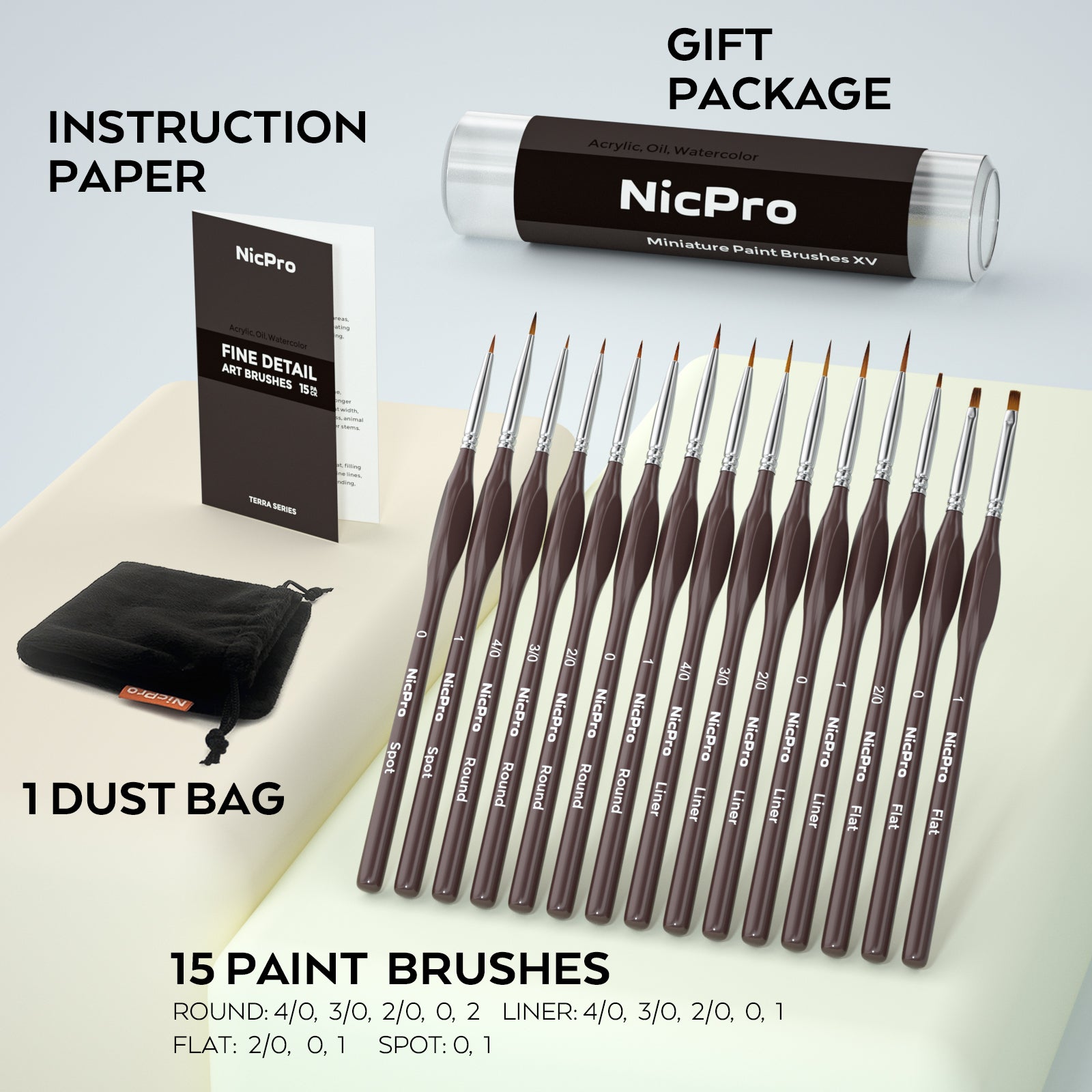 Nicpro Micro Detail Paint Brush Set,15 Tiny Professional Miniature Fine Detail Brushes Detailing Paint Kit for Spray Watercolor Oil Acrylic Craft Models Painting