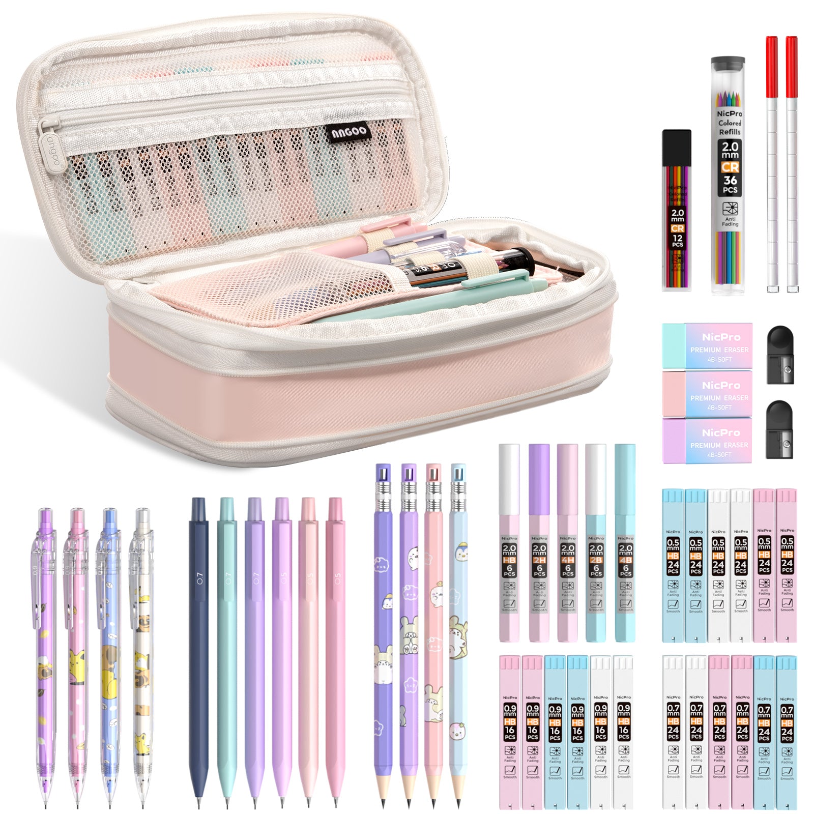 Nicpro 47PCS Pastel Mechanical Pencil Set With Big Capacity Pencil Case, Cute Mechanical Pencils 0.5, 0.7, 0.9 & 2mm Lead Holder with 4B 2B HB 2H Color Lead Refills Eraser for Student Writing Drawing