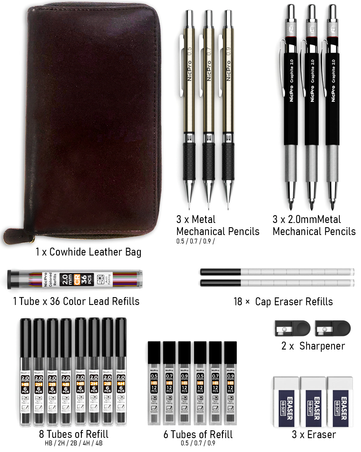 Nicpro 29PCS Art Mechanical Pencils Set in Leather Case, Metal Drafting Pencil 0.5, 0.7, 0.9 mm, 2mm Lead Pencil Holders for Sketching Drawing With 15 Tube (4B 2B HB 2H 4H)Lead Refills (Black &Colors)