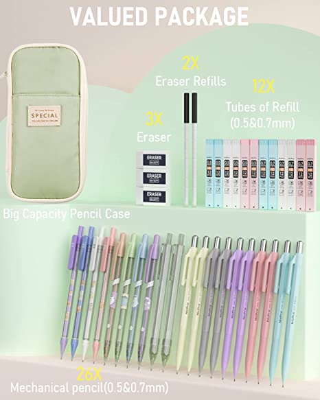 Nicpro Aesthetic School Supplies, 46 PCS Mechanical Pencil Set with Pencil Pouch, 5 Type 0.5mm & 0.7 mm Mechanical Pencil with 12 Tube HB Lead Refills, 3 Erasers, Case for Drafting Writing Drawing