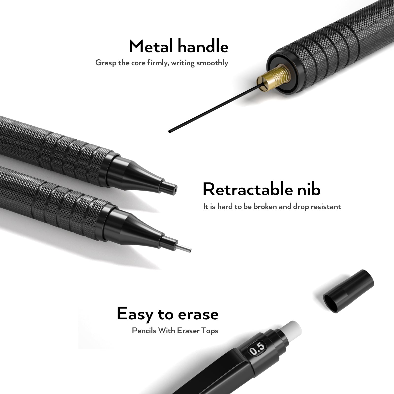 Nicpro 5 PCS Art Mechanical Pencil Set with Case, 3 PCS Metal Drafting Pencils 0.5, 0.7, 0.9 mm & 2PCS 2mm Graphite Lead Holder(4B 2B HB 2H), Lead Refills, Erasers for Drawing Writing Sketching, Black