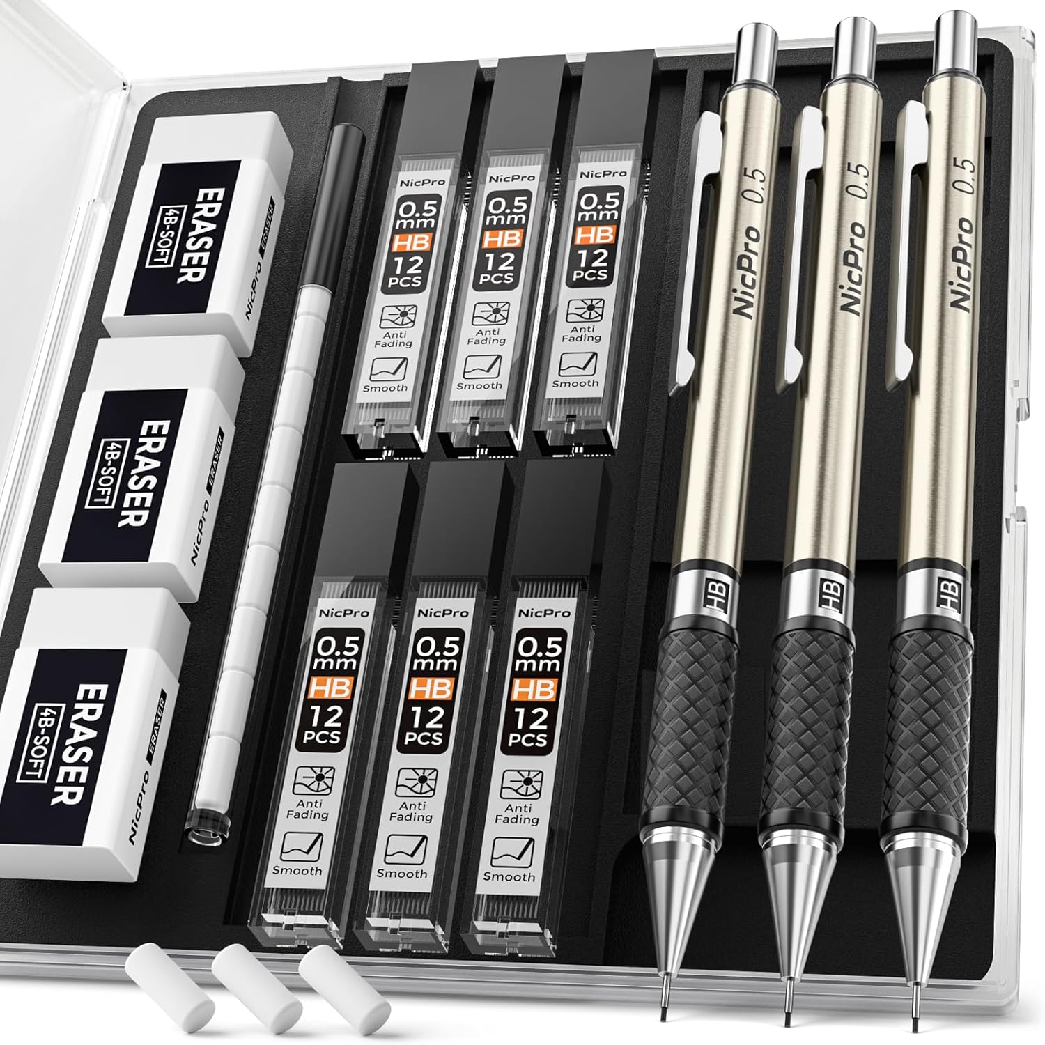 Nicpro 0.5 mm Art Mechanical Pencils Set in Storage Case, 3 PCS Metal Drafting Pencil Lead Pencil with 6 Tube HB Lead Refills, 3 Erasers, 9 PCS Eraser Refills for Artist Writing, Drawing, Sketching