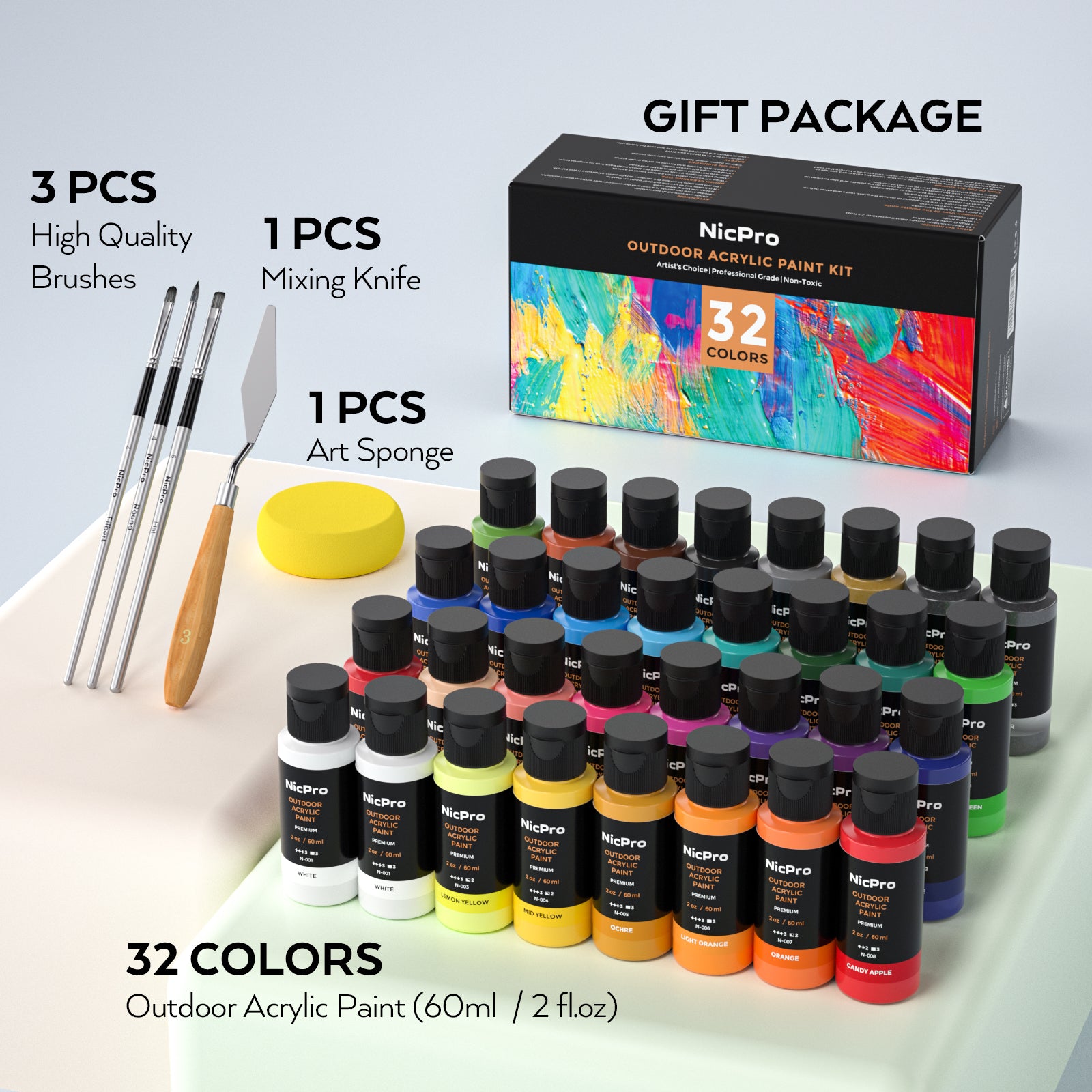 Nicpro 32 Colors Outdoor Acrylic Paint Bulk with Brush and Sponge, Knife, Non-Toxic Paint for Multi-surface Rock, Wood, Fabric, Leather, Crafts, Canvas, Shoes and Wall Painting