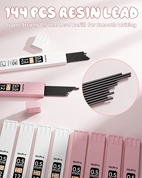 Nicpro 12PCS Pink Mechanical Pencil Set, Cute Mechanical Pencils 0.5 mm with 12 Tubes HB Lead Refills, 6PCS Eraser, 24PCS Eraser Refill for Writing, Drawing, Sketching, Drafting -Come with Case
