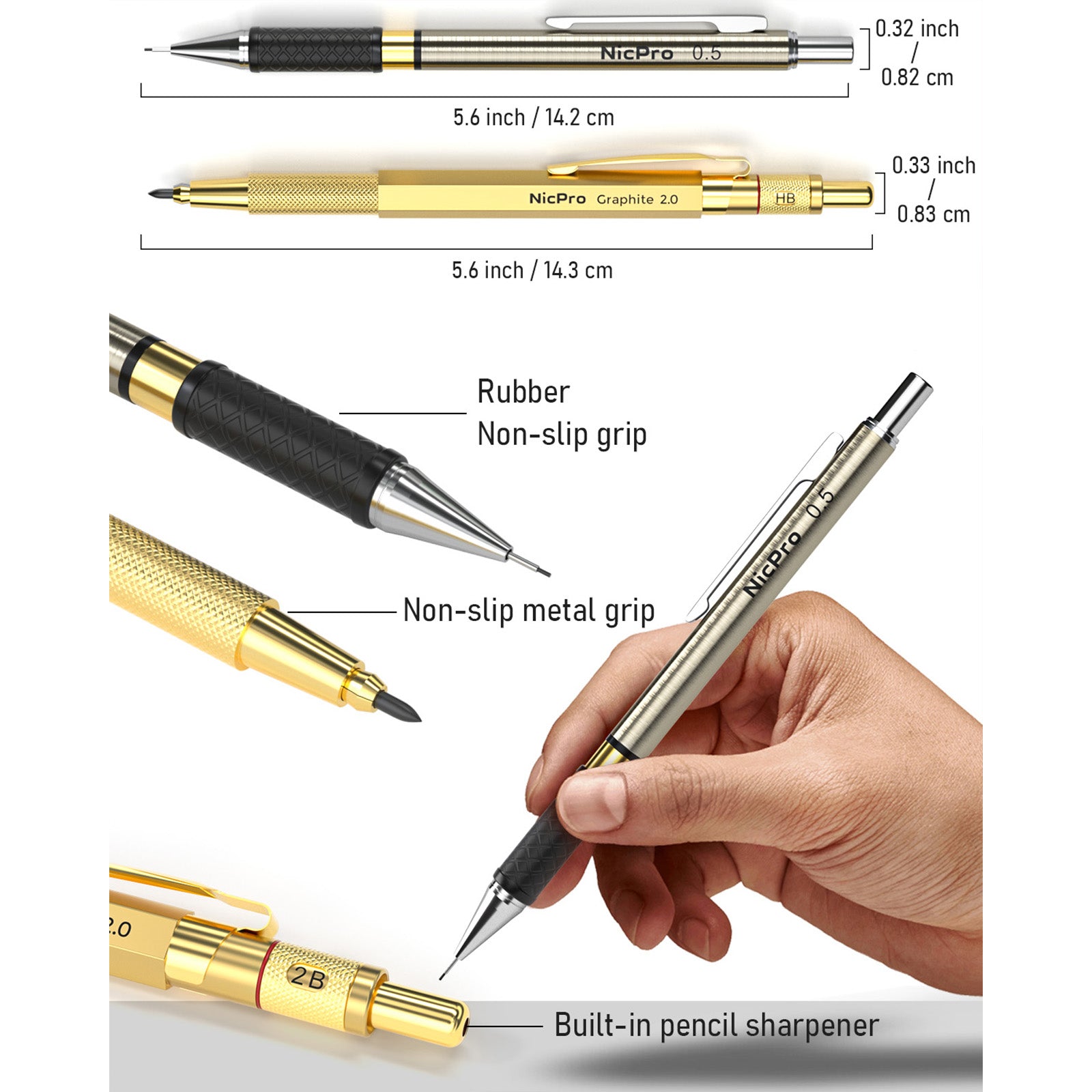 Nicpro 29PCS Art Mechanical Pencils Set in Leather Case, Gold Metal Drafting Pencil 0.5, 0.7, 0.9 mm, 2mm Lead Pencil Holders for Sketching Drawing With 13 Tube (2B HB 2H) Lead Refills