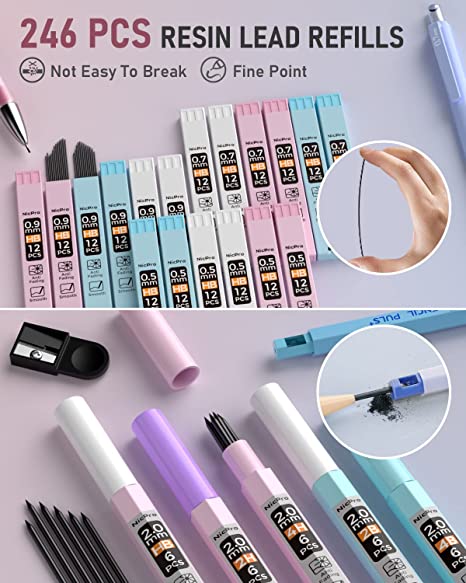 Nicpro 6PCS Mechanical Pencil Set for Girl, Cute Mechanical Pencils 0.5mm with 8 Tube HB Lead Refill, 3PCS Eraser and 12PCS Eraser Refill for Student Writing Drafing, Drawing, Sketching-with Cute Case
