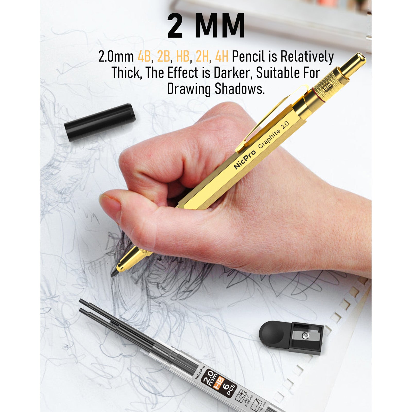 Nicpro 29PCS Art Mechanical Pencils Set in Leather Case, Gold Metal Drafting Pencil 0.5, 0.7, 0.9 mm, 2mm Lead Pencil Holders for Sketching Drawing With 13 Tube (2B HB 2H) Lead Refills