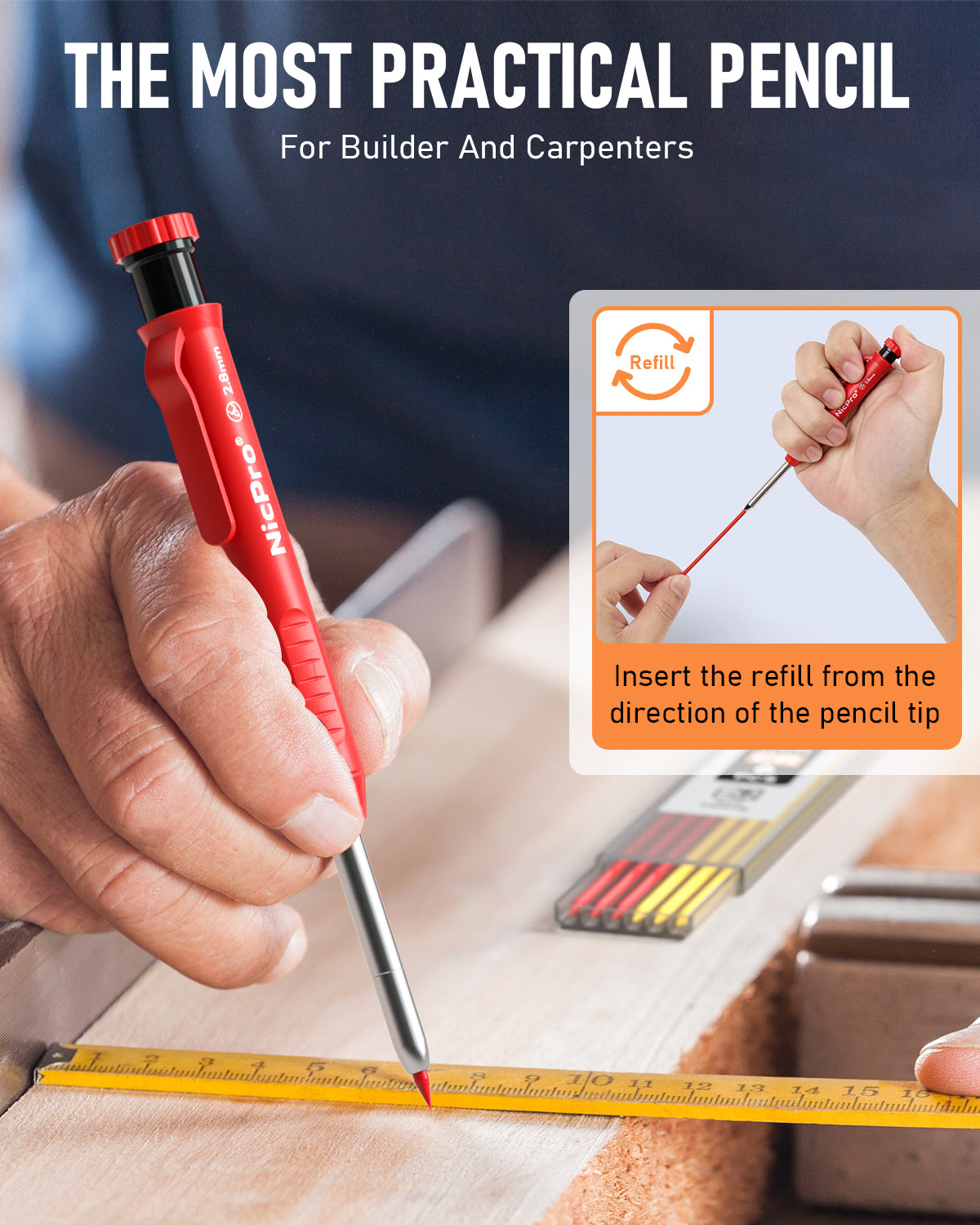 Nicpro 2Pack Carpenter Pencil with Sharpener, Mechanical Carpenter Pen