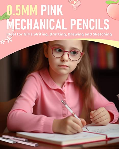 Nicpro 6PCS Mechanical Pencil Set for Girl, Cute Mechanical Pencils 0.5mm with 8 Tube HB Lead Refill, 3PCS Eraser and 12PCS Eraser Refill for Student Writing Drafing, Drawing, Sketching-with Cute Case