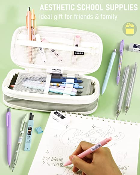 Nicpro Aesthetic School Supplies, 46 PCS Mechanical Pencil Set with Pencil Pouch, 5 Type 0.5mm & 0.7 mm Mechanical Pencil with 12 Tube HB Lead Refills, 3 Erasers, Case for Drafting Writing Drawing
