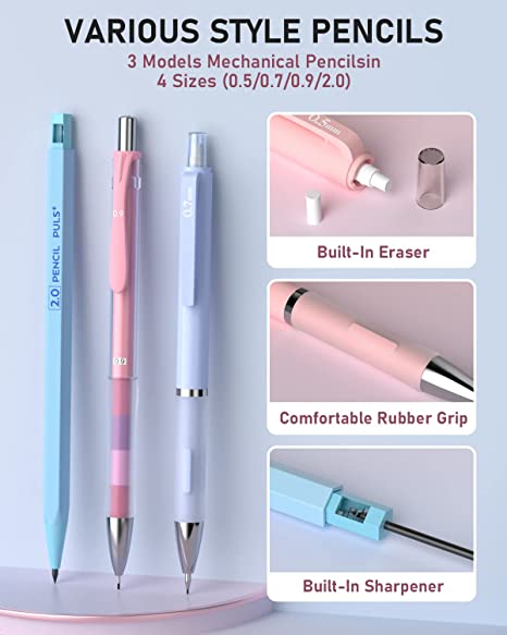 Nicpro 45PCS Aesthetic School Supplies with Big Capacity Pen Case, Pastel  Mechanical Pencils 0.5, 0.7, 0.9, 2mm with 24 Tube Lead Refills(4B 2B HB 2H