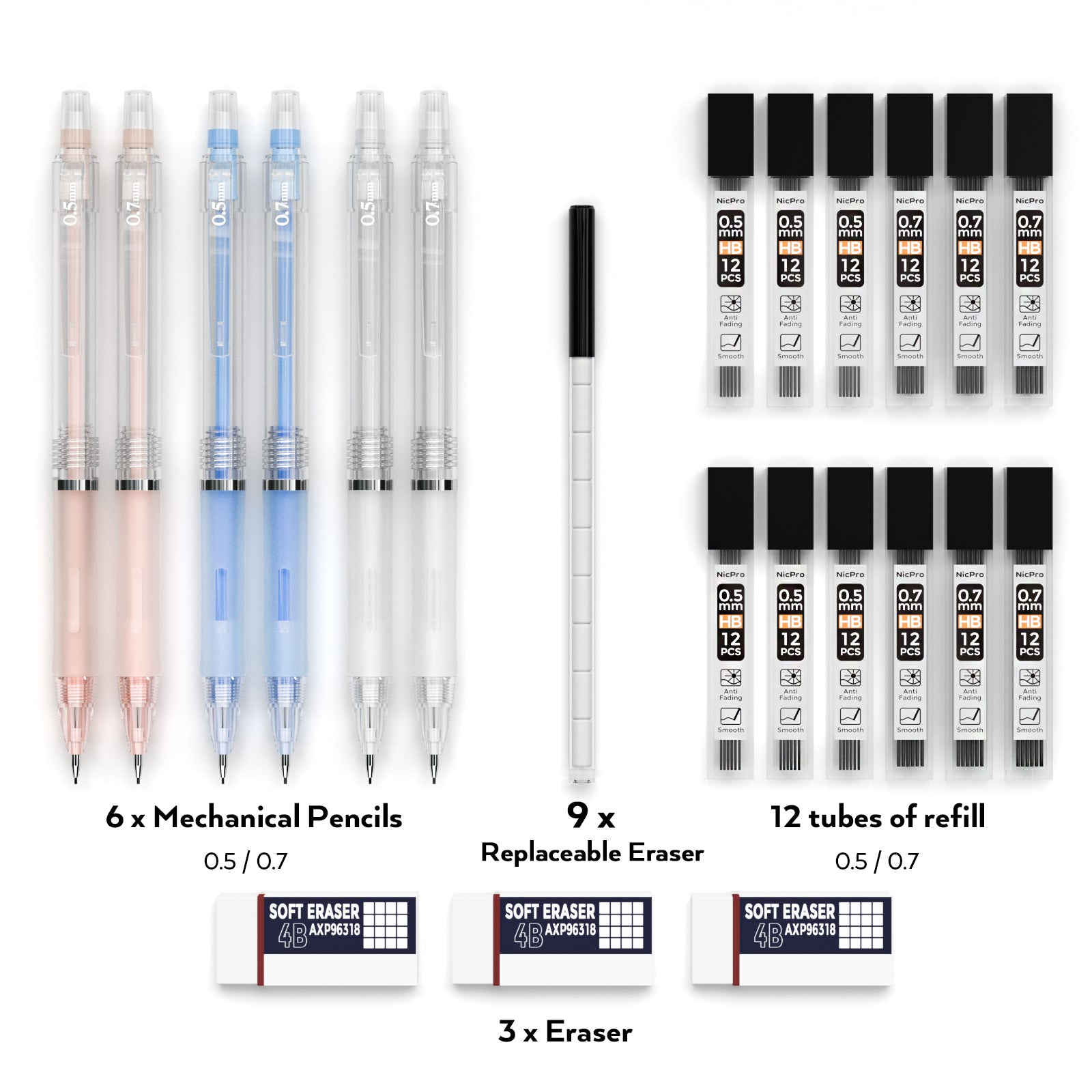 Nicpro 6 PCS Mechanical Pencil 0.5 & 0.7 mm for School, with HB Lead Refills, Erasers For Student Writing, Drawing, Sketching, Blue & Pink & White Colors - Come with Case