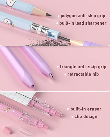 Nicpro 47PCS Pastel Mechanical Pencil Set With Big Capacity Pencil Case, Cute Mechanical Pencils 0.5, 0.7, 0.9 & 2mm Lead Holder with 4B 2B HB 2H Color Lead Refills Eraser for Student Writing Drawing