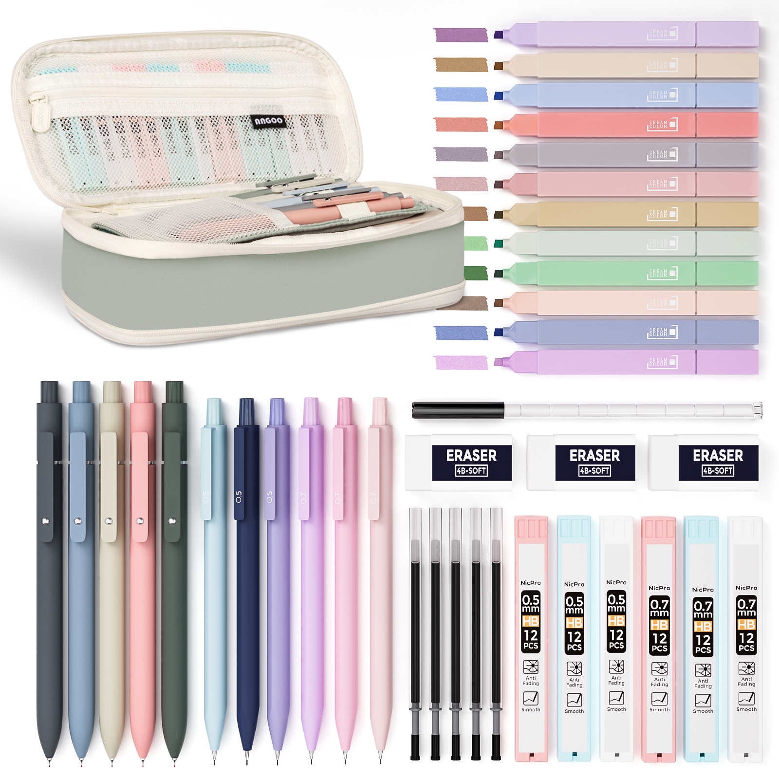 Nicpro 39 PCS Aesthetic School Supplies with Big Capacity Pen Case, 12 Colors Chisel Tip Cute Highlighters, 5 Quick Dry Retractable Black Ink Pens, 6 Pastel Mechanical Pencil 0.5 & 0.7 mm for Students