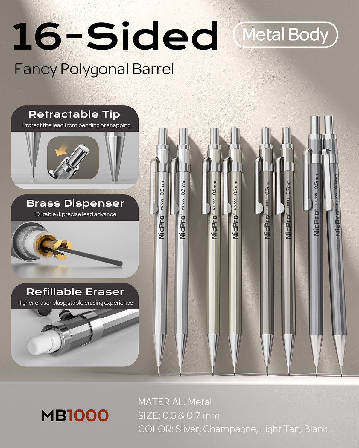 Nicpro 6PCS Mechanical Pencils Set, Cool Metal Drafting Pencil Bulk 0.