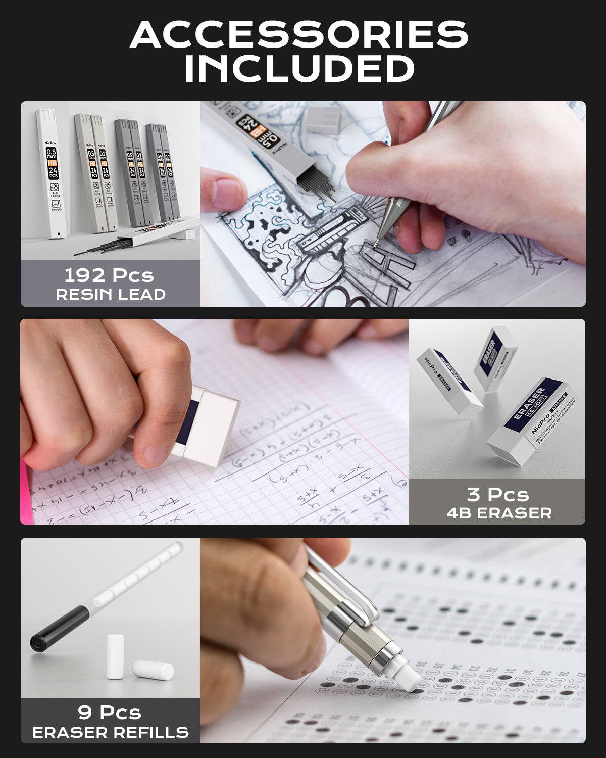 Nicpro 6PCS Mechanical Pencils Set, Cool Metal Drafting Pencil Bulk 0.