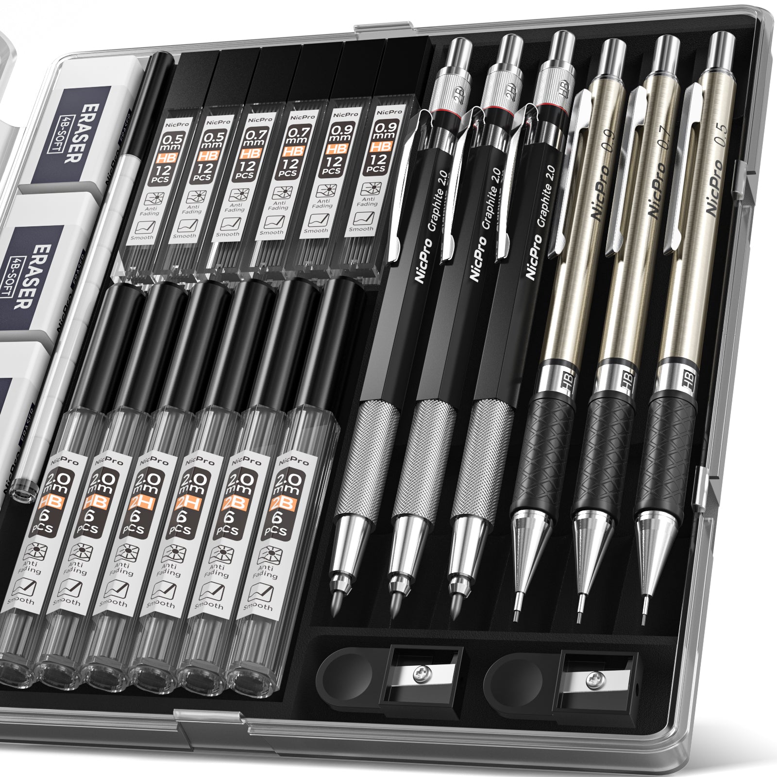 Nicpro 27PCS Art Mechanical Pencils Set in Case, Metal Drafting Pencil 0.5,  0.7, 0.9 mm & 2mm with 13 Tube Lead Refills(4B 2B HB 2H 4H Colors)