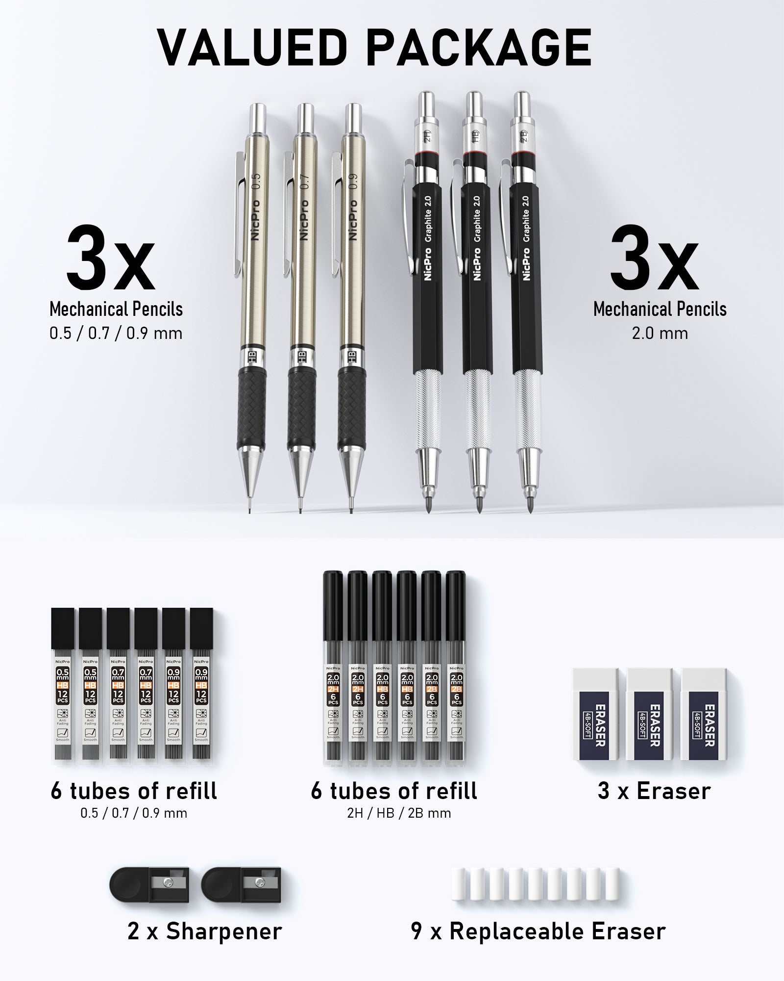 Nicpro 6Pcs Art Mechanical Pencils Set, 3 Pcs Metal Drafting Pencil 0.5mm & 0.7mm & 0.9mm and 3 Pcs 2mm Graphite Lead Holder (2B HB 2H) with 12 Tubes Lead Refills