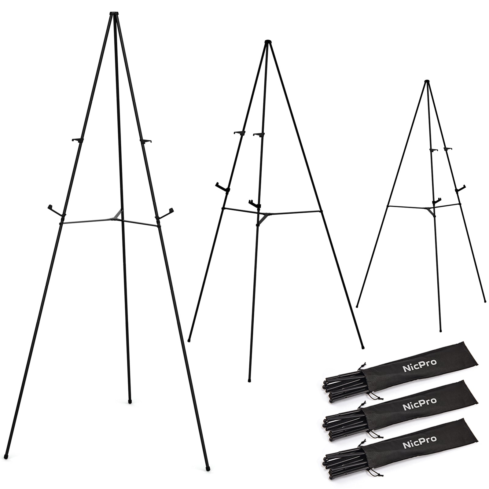 Nicpro Folding Easels for Display, 3 Pack 63 Inch Metal Floor Easel Stand Tripod Black Portable for Artist Poster Wedding with Carry Bag