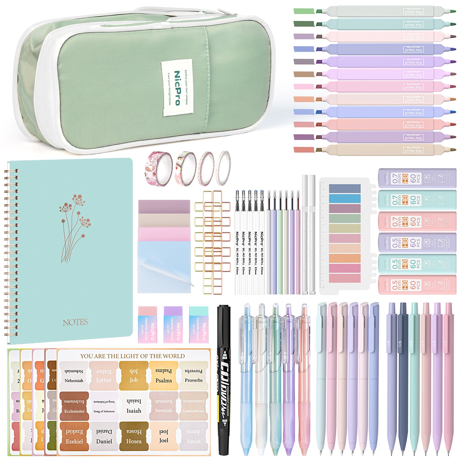 Nicpro 76PCS Bible Study Supplies Journaling Kit with Tabs, Notebook, Highlighter and Pen Case - Annotation Kit, Study Group Essentials Accessories Set for Women, Students, Beginner Christian Gifts