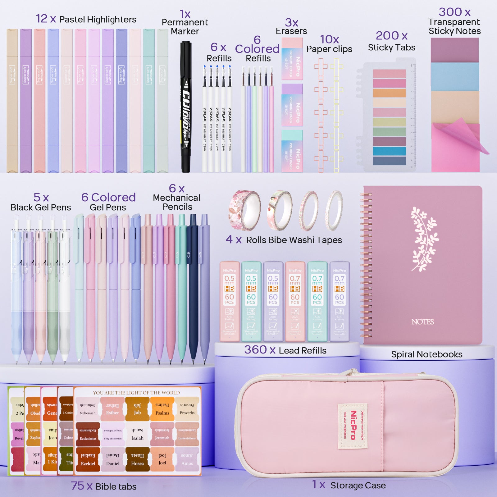 Nicpro Bible Journaling Kit, 76PCS Bible Study Supplies with Tabs, Notebook, No Bleed Highlighter and Pens, Bible Study Group Essentials Accessories Set for Students Women Christian Gifts