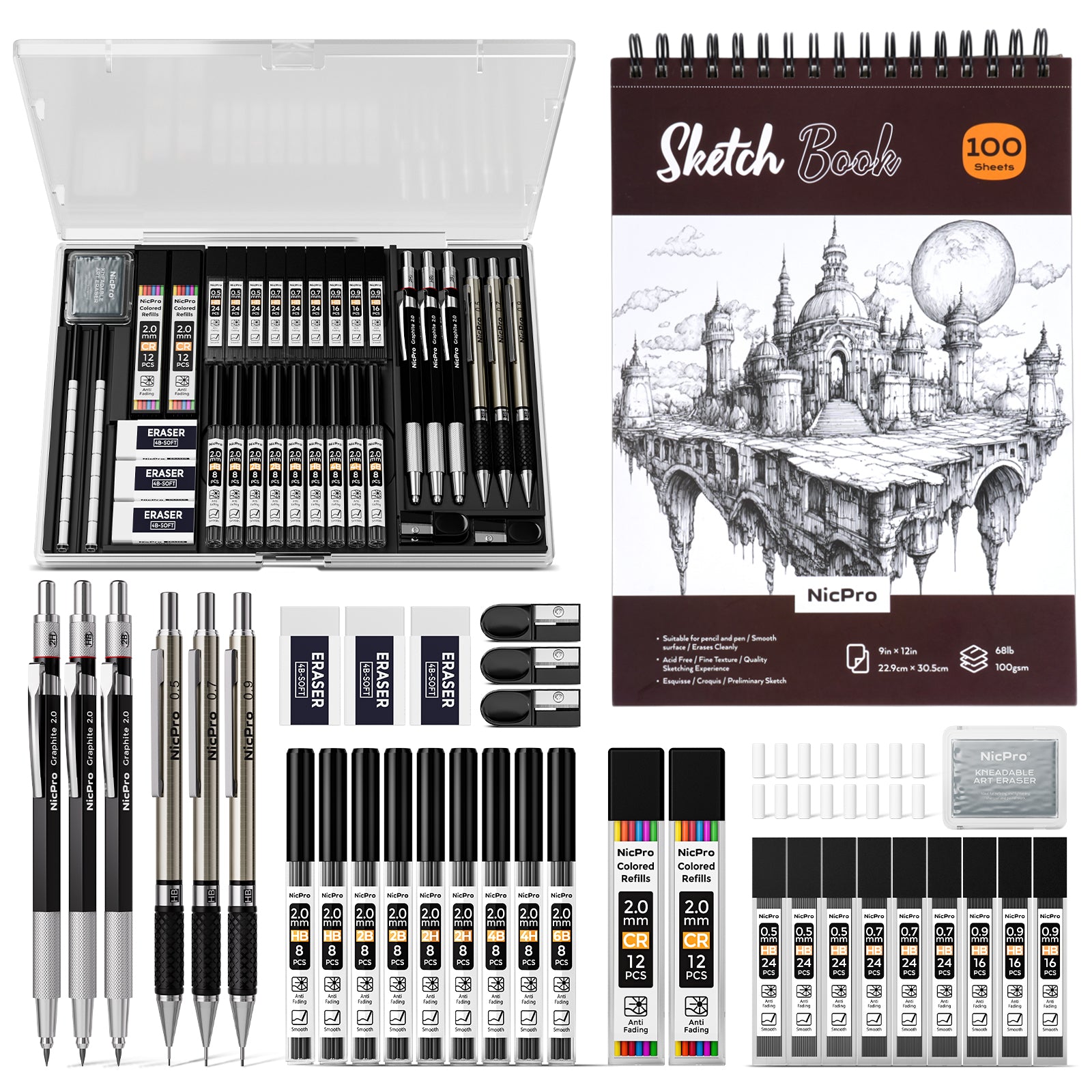 Nicpro 37PCS Art Drawing Supplies Kit, Metal Mechanical Pencil Set 0.5, 0.7, 0.9 & 2mm, 100 Sheets 9x12 Sketch book, 288PCS Leads, School Supplies Drawing Kit for Artist Adults Teens Kids Sketching