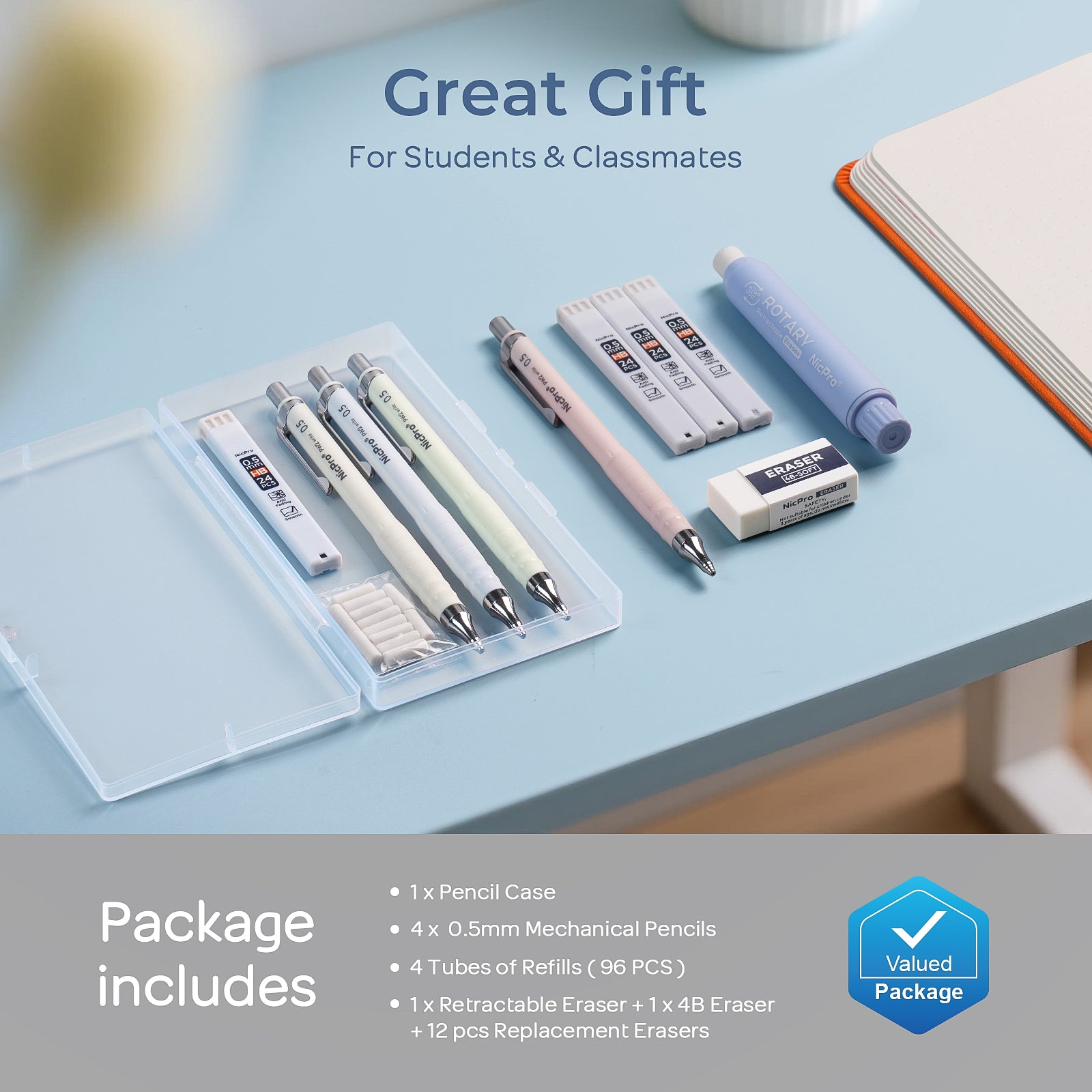 Nicpro Cute Mechanical Pencil Set, 4PCS 0.5mm Pastel Drafting Pencils with 4 Tube HB Lead Refills, 4B Erasers, Rotary Retractable Eraser and Eraser Refill for Writing Sketching Back to School Supplies