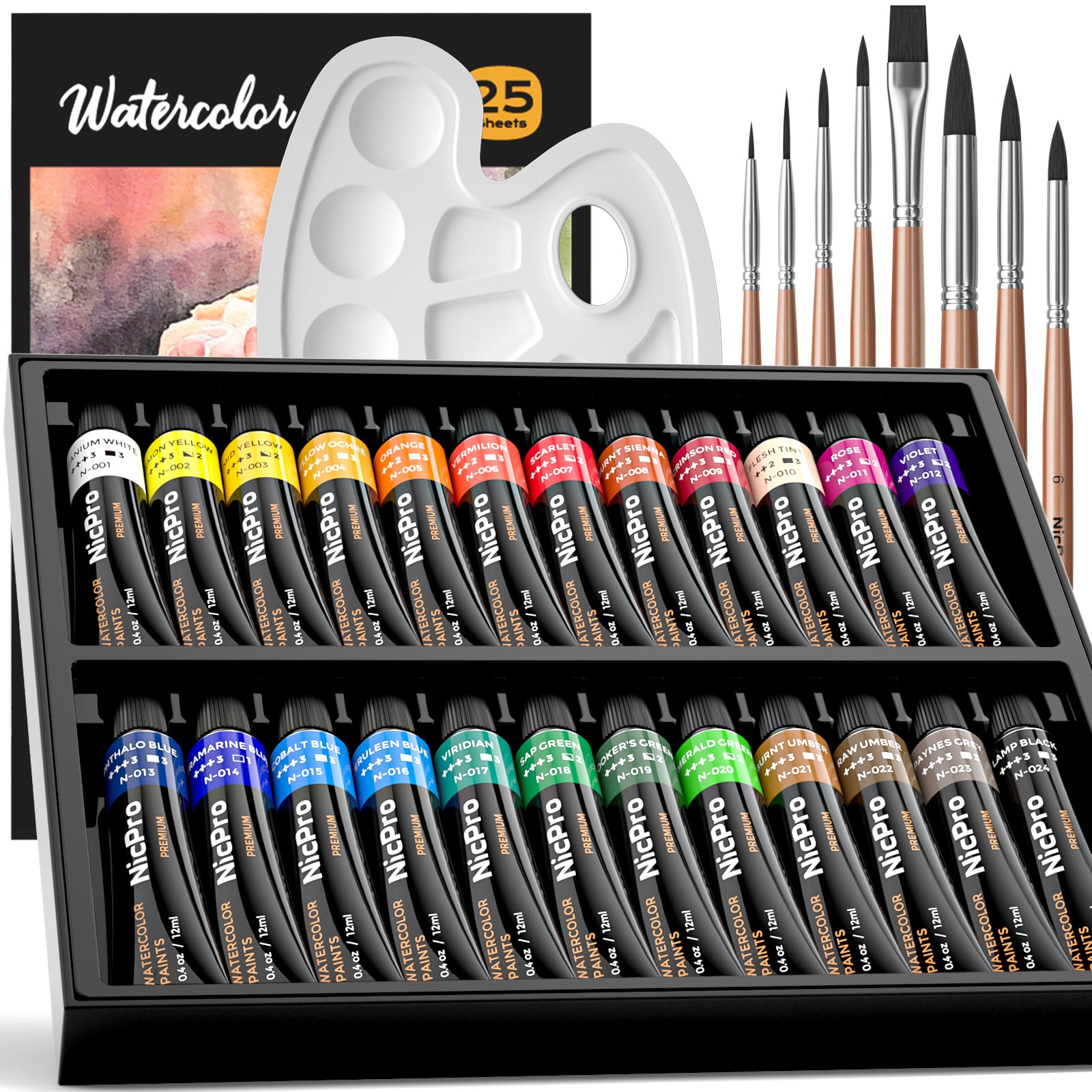 Nicpro Watercolor Paint Kit, Professional Painting Supplies Set 24 Tube Water Color Paints, 8 Synthetic Squirrel Brushes, 25 Papers, Palette, Color Wheel for Artists, Adult