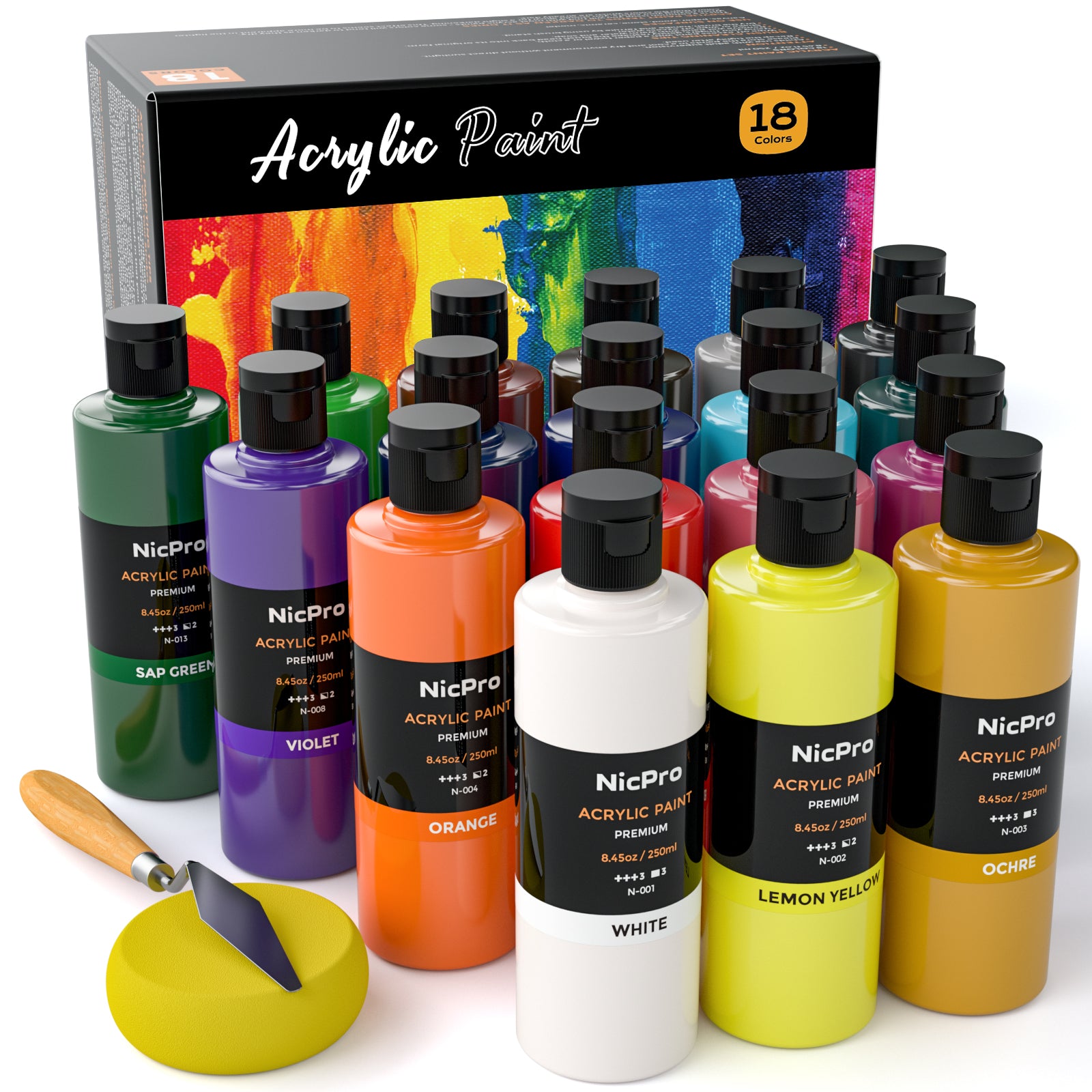 Nicpro 18 Colors Large Acrylic Paint Set, 8.45 fl oz./ 250 ml Artist Painting Supplies Bulk Non-Toxic For Multi Surface Canvas, Wood, Fabric, Leather, Cardboard, Paper, Crafts, Hobby with Color Wheel