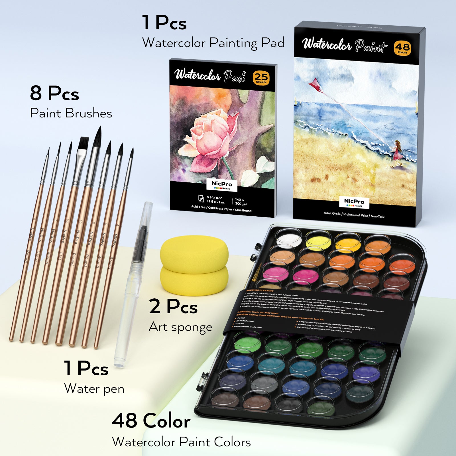 Nicpro Watercolor Paint Set, 48 Water Colors Kit with 8 Squirrel Brushes, Palette, Watercolor Pen, 25 Art Pad Paper, 2 Art Sponges, Non-Toxic Painting Supplies for Kids, Adults, Beginners, Artists