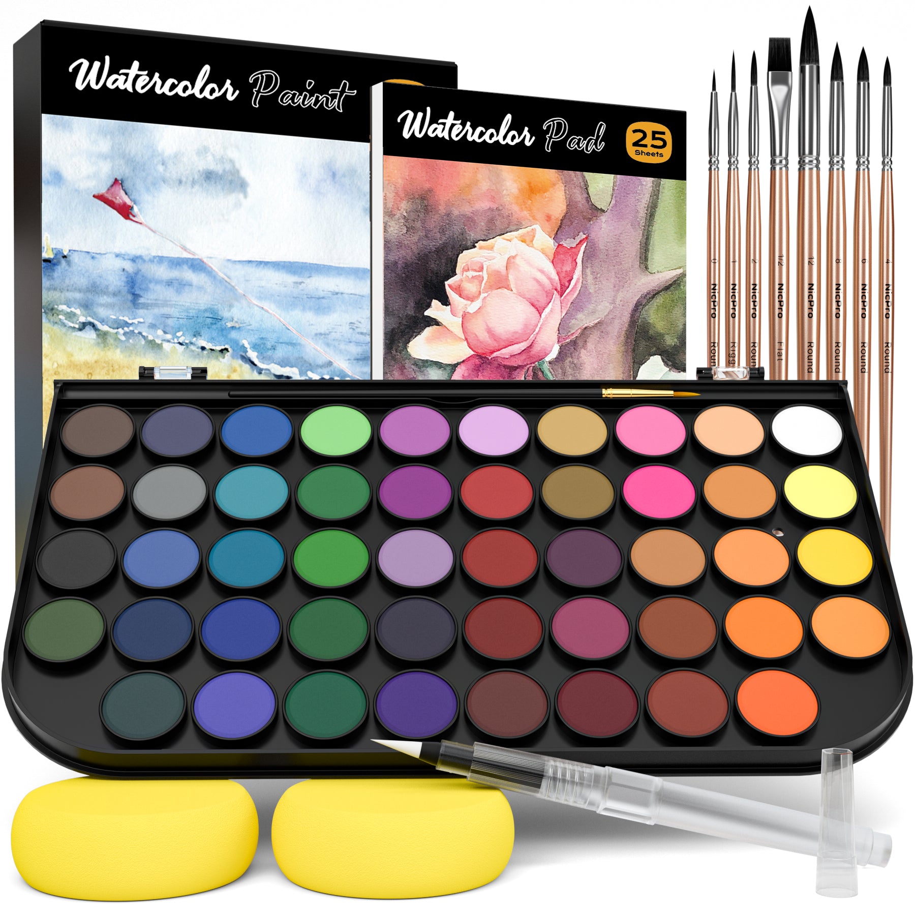 Nicpro Watercolor Paint Set, 48 Water Colors Kit with 8 Squirrel Brushes, Palette, Watercolor Pen, 25 Art Pad Paper, 2 Art Sponges, Non-Toxic Painting Supplies for Kids, Adults, Beginners, Artists