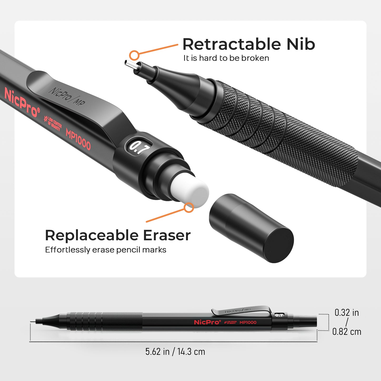 Nicpro 5 Pcs Black Metal Mechanical Pencil Set in Leather Case, 0.3, 0.5, 0.7, 0.9 mm & 2mm Lead Pencil Holders, 9 Tube (4B 2B HB 2H) Lead Refills, Erasers for Art Drafting Sketching Drawing
