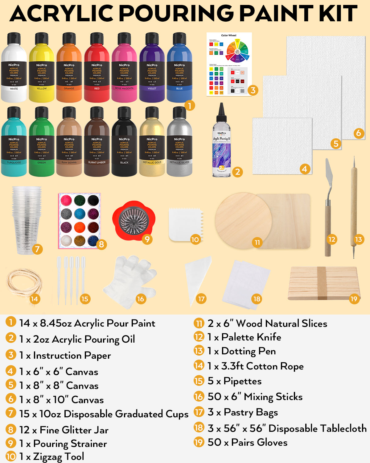 Nicpro 14 Colors 8.45oz Acrylic Pour Paint Supplies Kit, Large Volume Premixed High Flow Painting Bulk Set with Canvas, Wood Natural Slices, Pouring Oil, Tools Gloves, Strainer, Cups for Beginner DIY