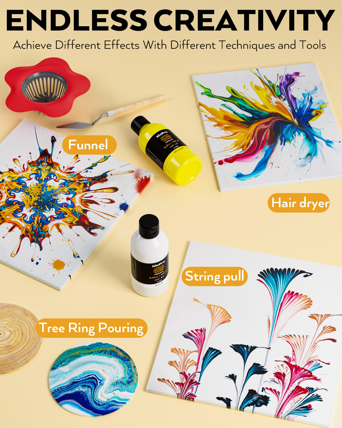 Nicpro 14 Colors 8.45oz Acrylic Pour Paint Supplies Kit, Large Volume Premixed High Flow Painting Bulk Set with Canvas, Wood Natural Slices, Pouring Oil, Tools Gloves, Strainer, Cups for Beginner DIY