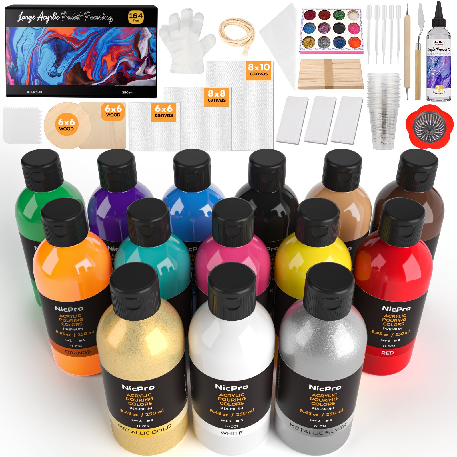 Nicpro 14 Colors 8.45oz Acrylic Pour Paint Supplies Kit, Large Volume Premixed High Flow Painting Bulk Set with Canvas, Wood Natural Slices, Pouring Oil, Tools Gloves, Strainer, Cups for Beginner DIY
