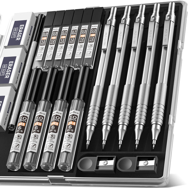 Nicpro 5PCS Metal Mechanical Pencil Set with Case, with Drafting Lead Pencil 0.5, 0.7, 0.9 mm, 2PCS 2mm (4B 2B HB 2H), Lead Refills, Pencil Sharpeners, Erasers for Writing, Drawing, Sketching
