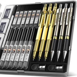 Nicpro Gold Mechanical Pencils Set, 3 PCS Metal Drafting Pencil 0.5 mm & 0.7 mm & 0.9 mm & 3 PCS 2mm Graphite Lead Holder (2B HB 2H) For Writing, Sketching Drawing With 12 Tube Lead Refills Case