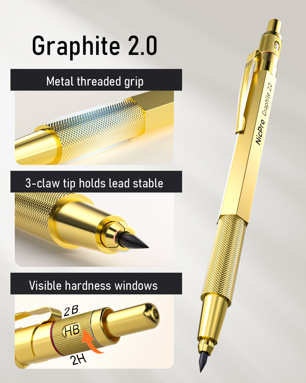 Nicpro Gold Mechanical Pencils Set, 3 PCS Metal Drafting Pencil 0.5 mm & 0.7 mm & 0.9 mm & 3 PCS 2mm Graphite Lead Holder (2B HB 2H) For Writing, Sketching Drawing With 12 Tube Lead Refills Case