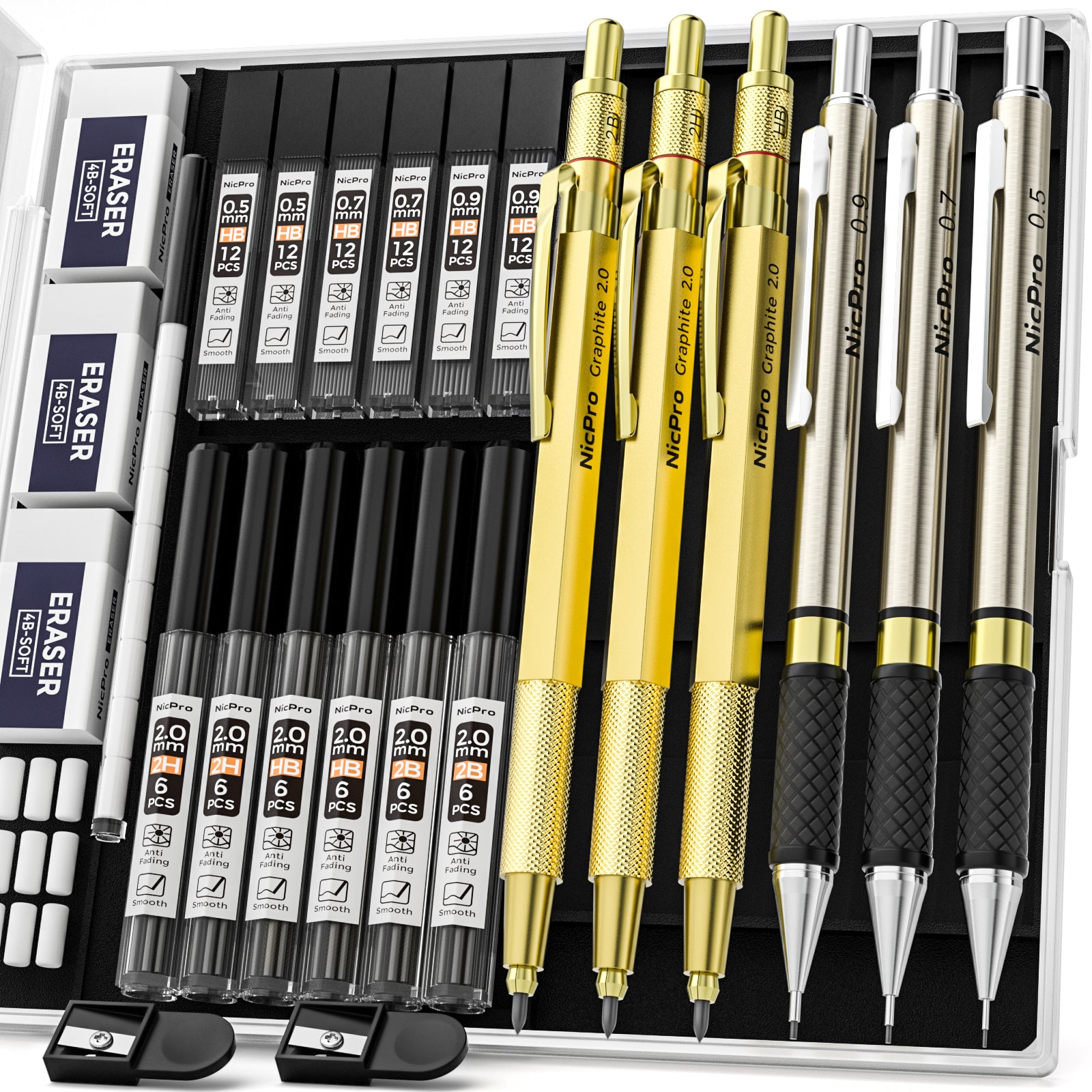 Nicpro 6Pcs Art Mechanical Pencils Set, 3 Pcs Metal Drafting Pencil 0.5mm & 0.7mm & 0.9mm and 3 Pcs 2mm Graphite Lead Holder (2B HB 2H) with 12 Tubes Lead Refills
