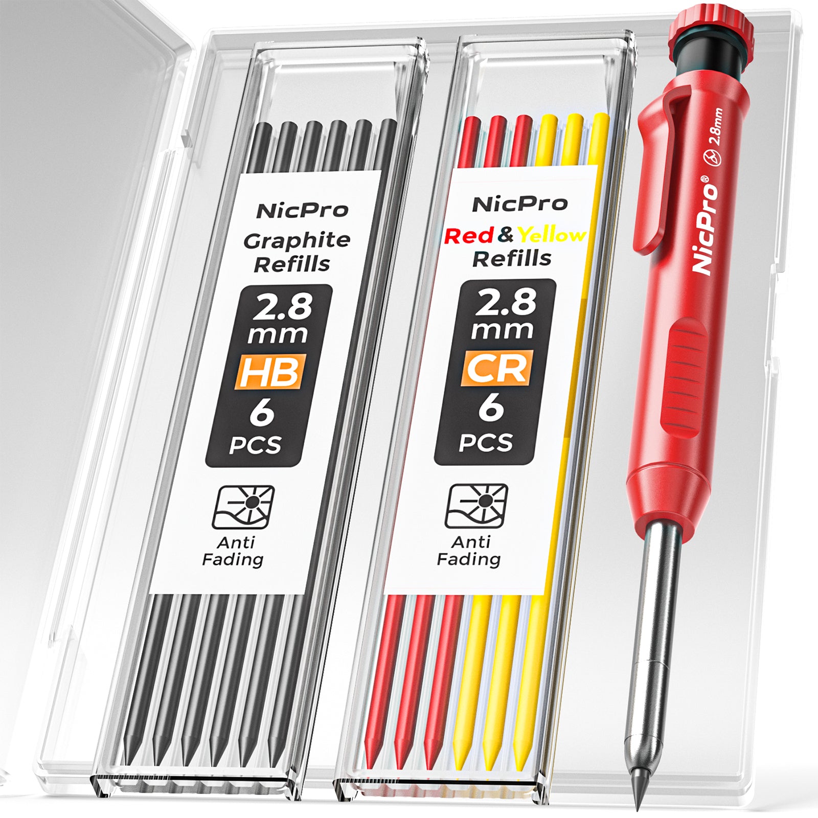 Nicpro Carpenter Pencil with Sharpener, Mechanical Carpenter Pencil Set with 13 Refill, Deep Hole Marker Construction Pencils Heavy Duty Woodworking Pencil for Architect (Black, Red, Yellow)-With Case